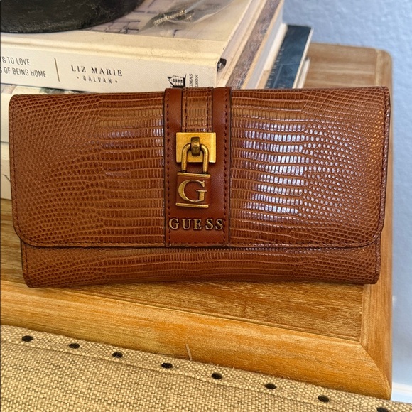 Guess Handbags - Guess Ginevra Textured Clutch Brown Crocodile Pattern Wallet